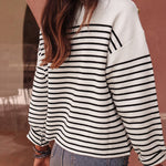 Women's Striped Knit Top Notch Neck Gold Button Drop Shoulder Long Sleeve Sweater