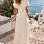 Women's Elegant V Neck Maxi Dress Casual Batwing Sleeve Pleated Long Dress Front Slit Shirred Vacation Dress