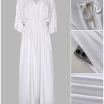 Deep V-Neck Ruched Three Quarters Sleeve Backless Overalls Casual Waist-Gathered Tied Detail Jumpsuit without Belt