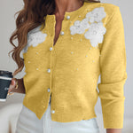 Floral Applique & Pearls Decor Round Neck Single Breasted Knit Cardigan Casual Crop Sweater Coat