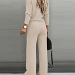 2 Pieces Outfit Button Decor V-Neck Long Sleeve Top and Elastic Waist Straight Leg Pants Set Casual Ribbed Set