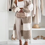 Women's Checkerboard Knit Cardigan Oversized Long Chunky Sweater Loose Lantern Sleeve Coat with Pockets