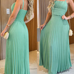 French Style Square Neck Adjustable Spaghetti Strap Backless Cami Maxi Dress Casual Cinched Waist Shirred Back Pleated Vacation Dress