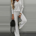 2 Pieces Outfit Button Decor V-Neck Long Sleeve Top and Elastic Waist Straight Leg Pants Set Casual Ribbed Set