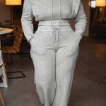 2 Pieces Outfit Long Sleeve Crop Drawstring Hoodie Sweatshirt with Thumb Hole Cuffs and Casual Drawstring Elastic Waist Wide Leg Sweatpants Set