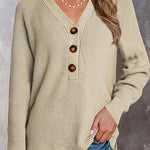 Half Button Raglan Sleeve V Neck Sweater