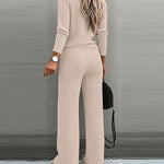 Women's Ribbed Knit Brushed Set Lace Patchwork Long Sleeve Top and Wide Leg Pants 2 Piece Lounge Set with Pockets