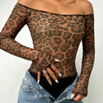 Allover Rhinestone Decor Leopard Print Off Shoulder Long Sleeve Slim Fit Sheer Mesh Bodysuit with Thumb Hole Cuffs