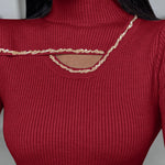 High Neck Long Sleeve Beaded Knit Sweater Hollow-out Fleece Lined Basic Layering Soft Versatile Thermal Top
