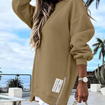 Letter Patch Detail Long Sleeve Drop Shoulder Pullover Sweatshirt Casual Zipper Side Slit Top
