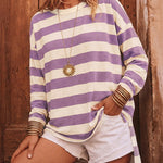 Women's Striped T Shirt Long Sleeve Drop Shoulder Crewneck Tee Side Slit Casual Loose Fit Top