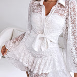 2 Pieces Outfit Turn-down Collar Lantern Sleeve Button Front Sheer Top and Elastic Waist Double Layer Ruffle Hem Skirt Set Casual Jacquard Floral Lace Skort Set