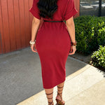 Women's Mock Neck Ribbed Knit Midi Dress Short Sleeve Turn-Up Cuffs Work Dress with Belt