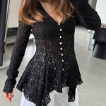 Lace Trim V Neck Button Front Blouse Elegant Asymmetrical Ruffle Hem Top