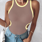 Women's Ribbed Contrast Trim Tank Top Sleeveless Crew Neck Cutout Slim Fit Stretch Casual Top