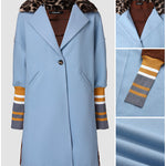 Color Block Long Trench Coat Single Breasted Detachable Fuzzy Leopard Pattern Lapel Overcoat