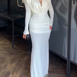 Cowl Neck Ruched Zipper Back Slim Fit Maxi Dress Casual Padded Shoulders Backless Evening Dress