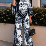 Women's 2 Piece Ink Landscape Print Satin Outfit Asymmetrical Top and Wide Leg Pants Set with Pockets