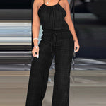 Womens Spaghetti Strap Drawstring Tied Waist Jumpsuit Casual Overalls