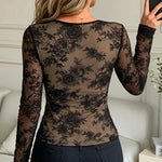Women's Floral Lace Mesh Top Overlap V Neck Long Sleeve Lined Fitted Pullover Tee