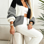 Women's Colorblock Knit Cardigan Chunky Knit Sweater Ribbed Trim Long Sleeve Casual Loose Knitwear