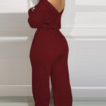 Off Shoulder V Back Elastic Waist Pockets Design Jumpsuit Casual Drop Shoulder Cinched Waist Wide Leg Jumpsuit