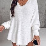 V-Neck Long Sleeve Beaded Decor Oversized Sweater Fluffy Pullover Top