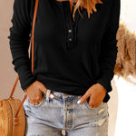 Nadorine Casual Long Sleeve T-Shirt Button Up V Neck Ribbed Knit Tunic Top
