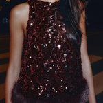 Gala Goddess Sequin Faux Fur Trim Crew Neck Sleeveless Loose Top