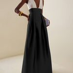 A-Line High Waisted Contrast Color Pleated Zipper Deep V-Neck Maxi Dresses