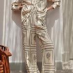 Margovil Cactus Print Lapel Long Sleeves Shirt Elastic Waist Wide Leg Pants Set