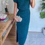 Mockneck Short Sleeves Waisted Side Slit Midi Dress