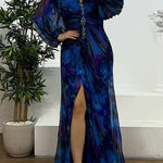 Margovil Off Shoulder Rhinestones Detail Printed Slit Pleated Maxi Dress