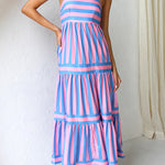 Margovil Spaghetti Strap Ruffle Tiered Color Block Striped Maxi Dress