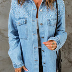 Margovil Pearls Beading Raw Hem Distressed Denim Shirt Jacket