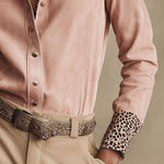 Western Retro Leopard Print Pink Faux Suede Long-Sleeve Shirt