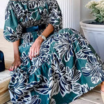 Off Shoulder Puff Sleeve Ruffle Swing Print Maxi Dress