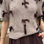 Crewneck Short Sleeves Bow Decorative Sweater Top