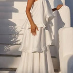 Margovil Spaghetti Strap Ruffle Layered Satin Maxi Dress
