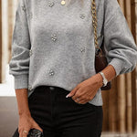 Crewneck Drop Shoulder Rhinestone Detailed Pullover Sweater