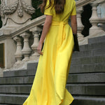 Half Sleeves High Waisted Solid Color Tied Waist V-Neck Maxi Dresses