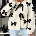 Bow Tie Round Neck Long Sleeve Knitted Cardigan