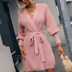 Lantern Sleeve Belted Sweater Dress