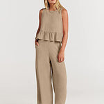 Nadorine 2 Piece Outfits Sleeveless Ruffle Tank Crop Top and Wide Leg Pants Lounge Set with Pockets