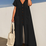 Loose Short Sleeves Buttoned Pockets Solid Color V-Neck Jumpsuits