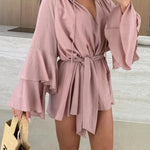 Molly Linen Blend Tiered Bell Sleeve Tie-up Cover-up Mini Dress