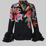 Flared Sleeves Long Sleeves Buttoned Contrast Color Flower Print Lapel Blouses&Shirts Tops