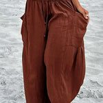 Elastic-waist Pleated Wide-leg Loose Cotton Linen Trousers