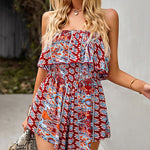 Off Shoulder Jumpsuit Floral Print Strapless Elastic Waist Wide Leg Shorts Romper Dress