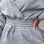 Overlap V Neck Drop Shoulder Cinched Waist Drawstring Hoodie Dress Casual Flap Cargo Pockets Design Drawstring Elastic Waist Midi Dress